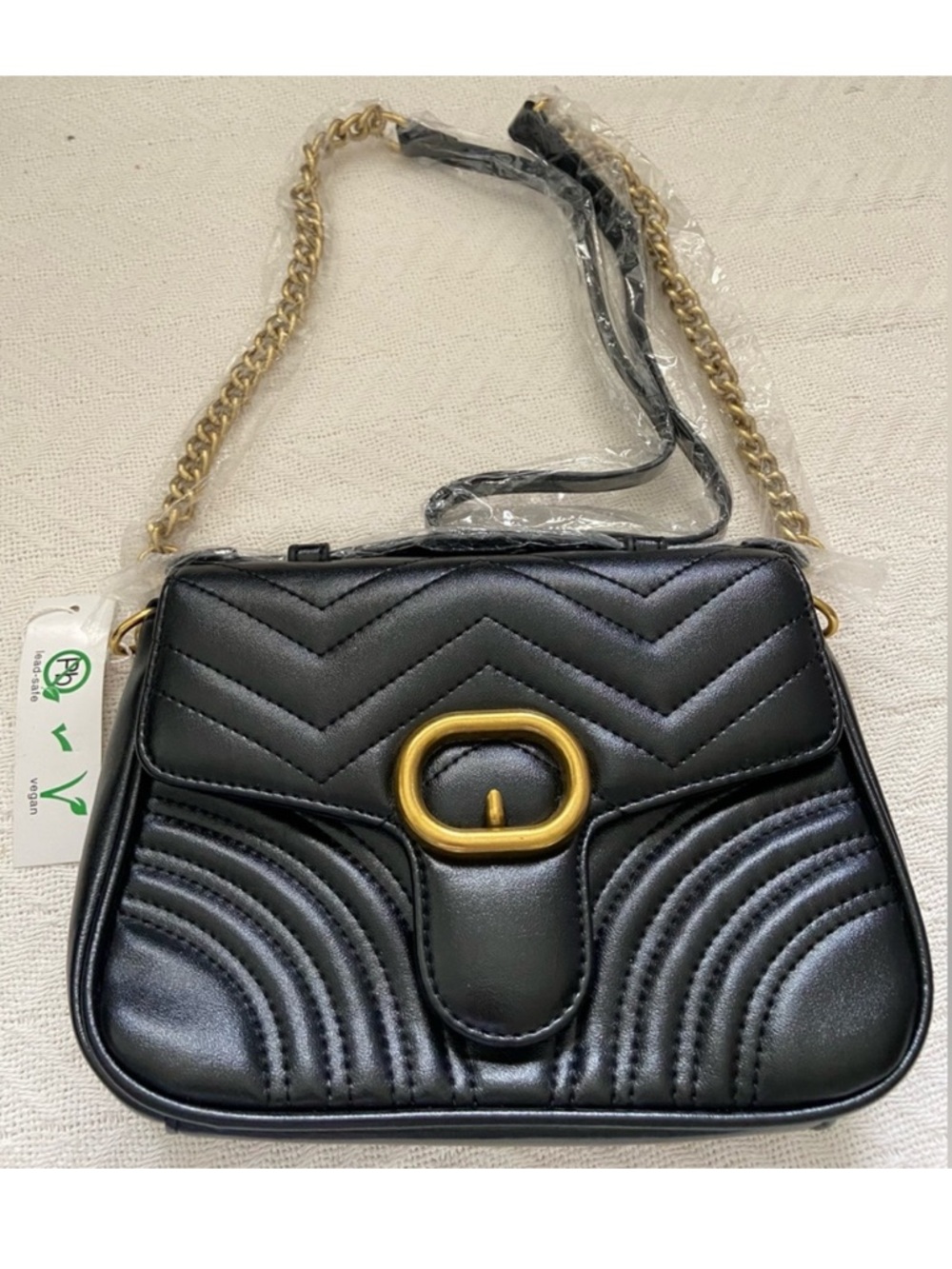 Black Quilted Shoulder Bag with Gold Chain